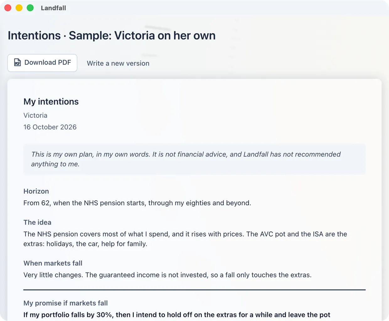 A saved intentions record: the author and the date, a note that this is their own plan and not advice, then each answer under its own heading