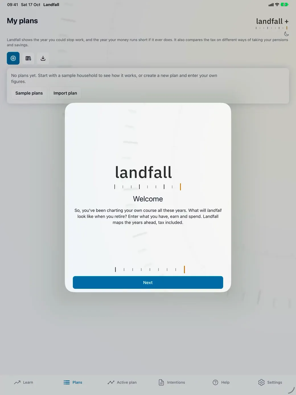 A short film of the iPad app: the welcome tour, a sample plan’s charts, its stress test and Home stretch, then its Intentions record