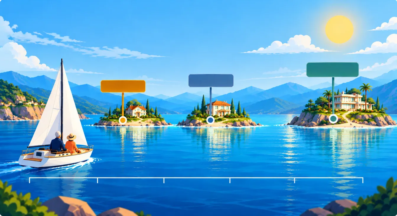 A boat sailing towards three islands, one for each standard, over a scale of yearly spending.